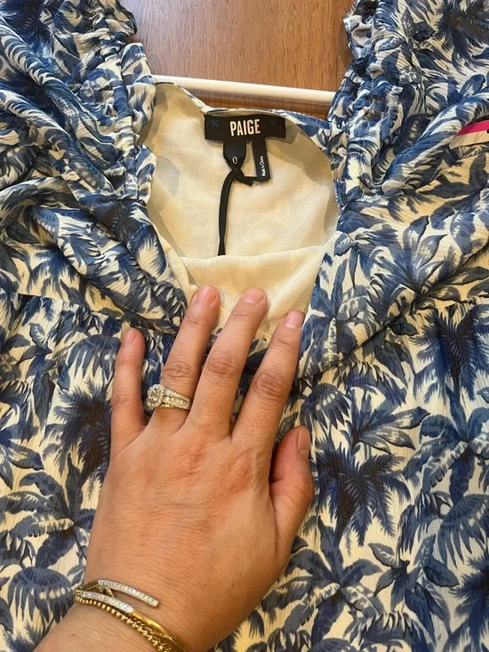 PAIGE Blue and White Palm-Print Long Sleeve Casual Dress - Picture 7 of 7